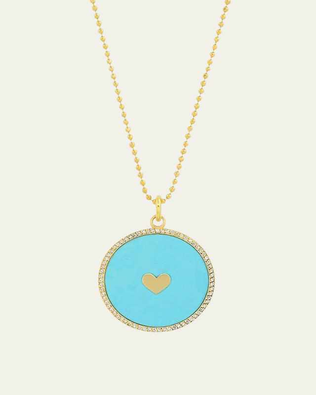 Turquoise Inlay Heart Pendant Necklace with Diamonds